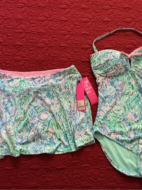 Lilly Pulitzer Pastel Seafoam Pink One-Piece Swimsuit with Skirt